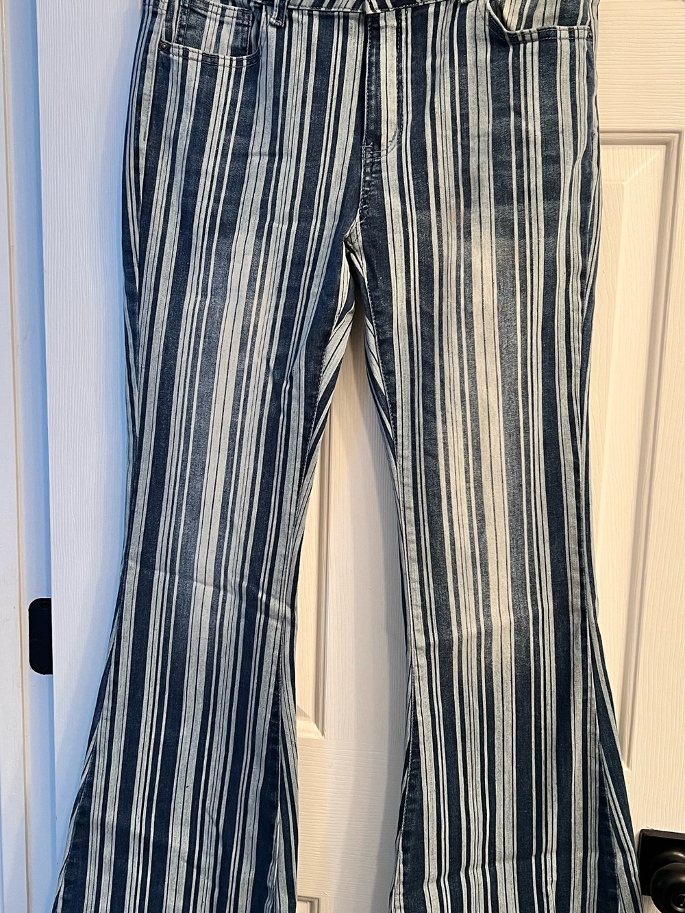 L&B Boho Denim Blue and White Vertical Stripe Flare Jeans